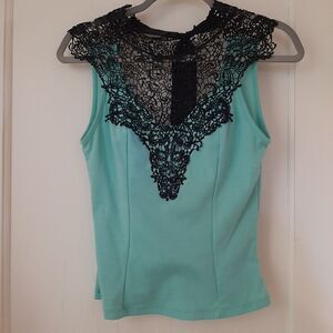 Y2K Vtg sz S Charlotte Russe Mint Green / Black Crochet Lace Tank Top Whimsygoth